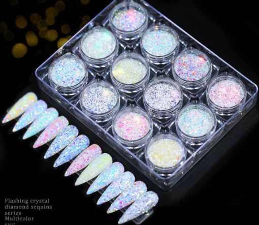 Nail Glitter Powders Flashing Crystal Diamond Sequins Series Multicolour Suit Fine Shinning Mixed Package Summer 12 jar/box